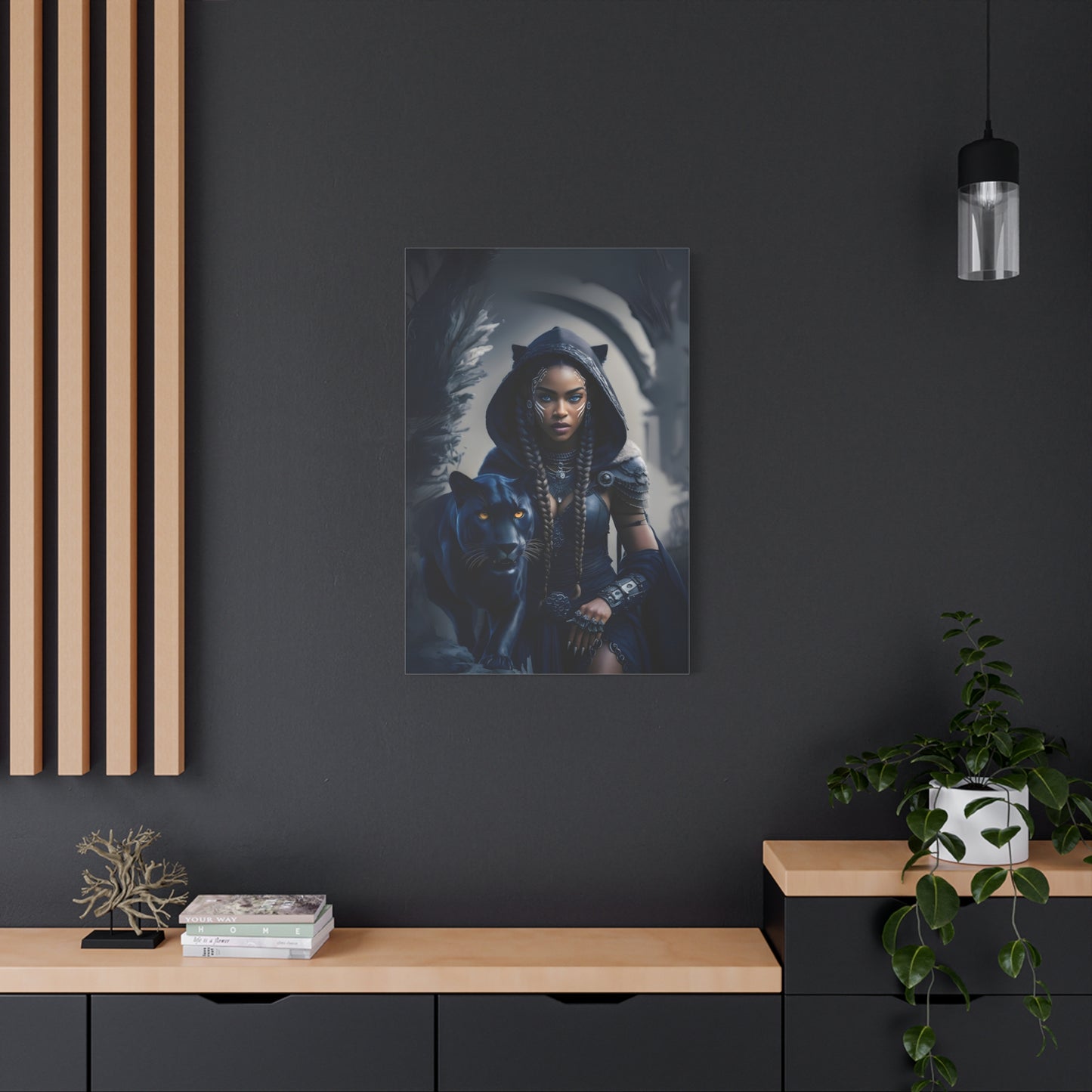 Fantasy Canvas Wall Art - Warrior with Panther, Home Decor, Black Art Print, Gift for Her, Boho Wall Hanging, Magical Room Decor, Afro