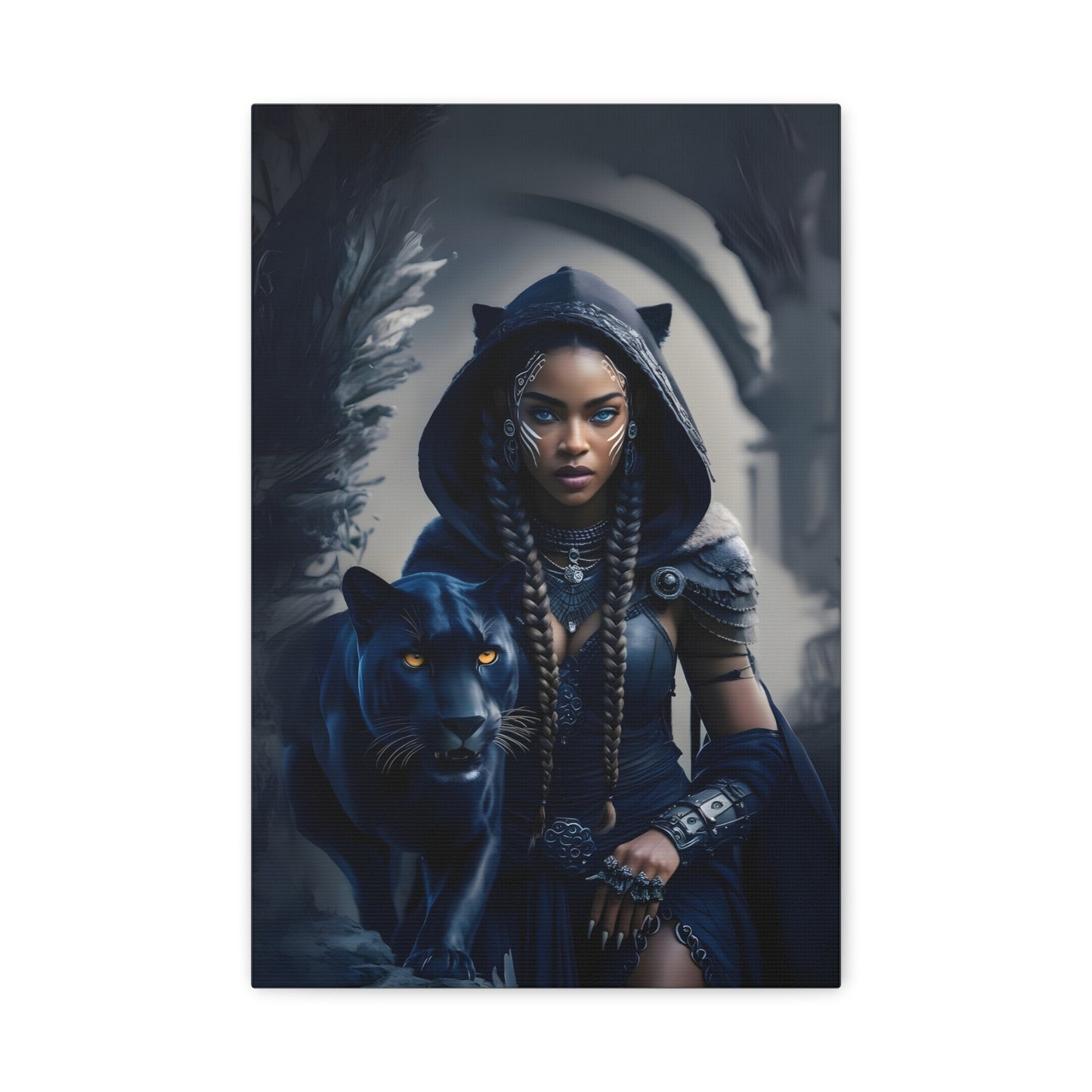 Fantasy Canvas Wall Art - Warrior with Panther, Home Decor, Black Art Print, Gift for Her, Boho Wall Hanging, Magical Room Decor, Afro