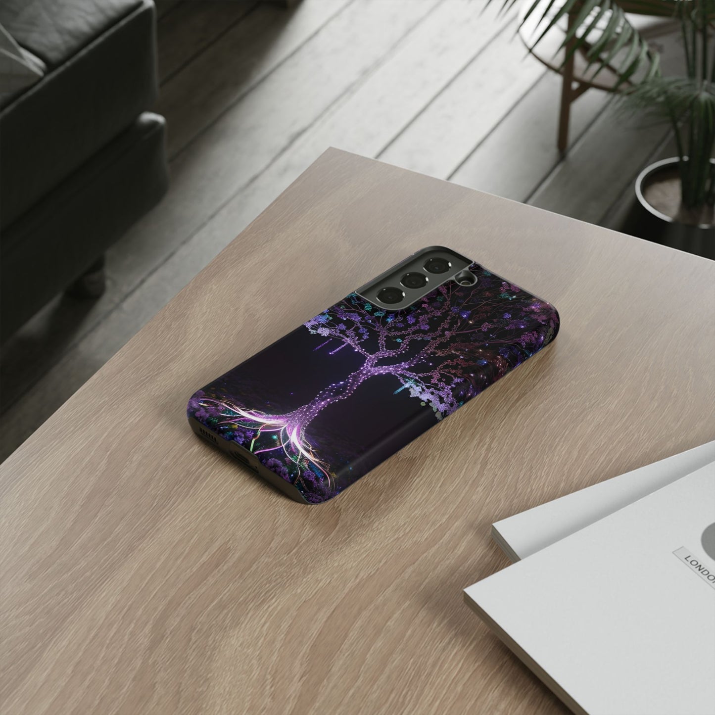 Dark Purple Tree Phone Case – Luminous Nature Art, Mystical Night Design Protective Cove