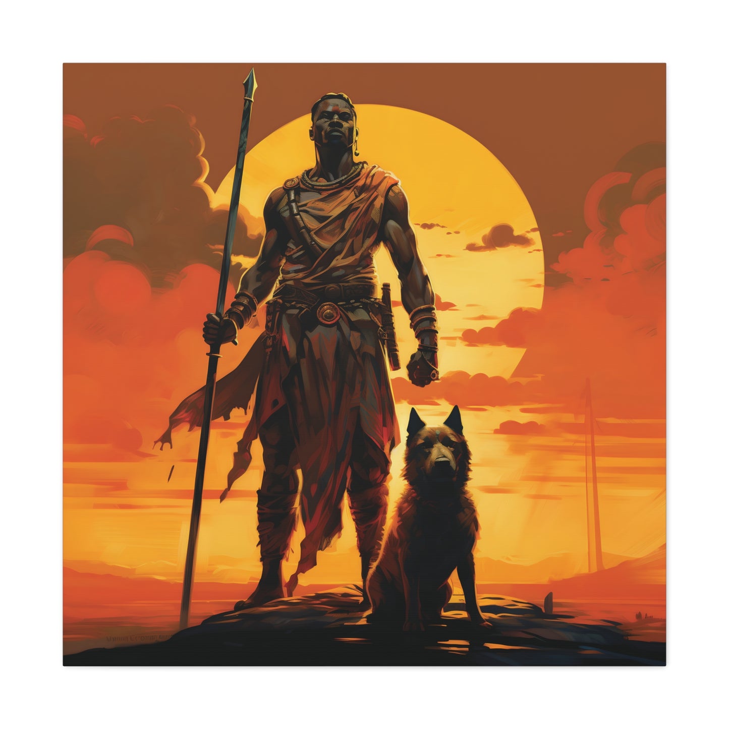 African Warrior and Guardian Dog Canvas artwork Print – Epic Sunset Wall Art for Bold Spaces, Wall Art, Home Decor, Unique Gift, Nature Inspired, Adventure Wall Hanging, Inspirational Art