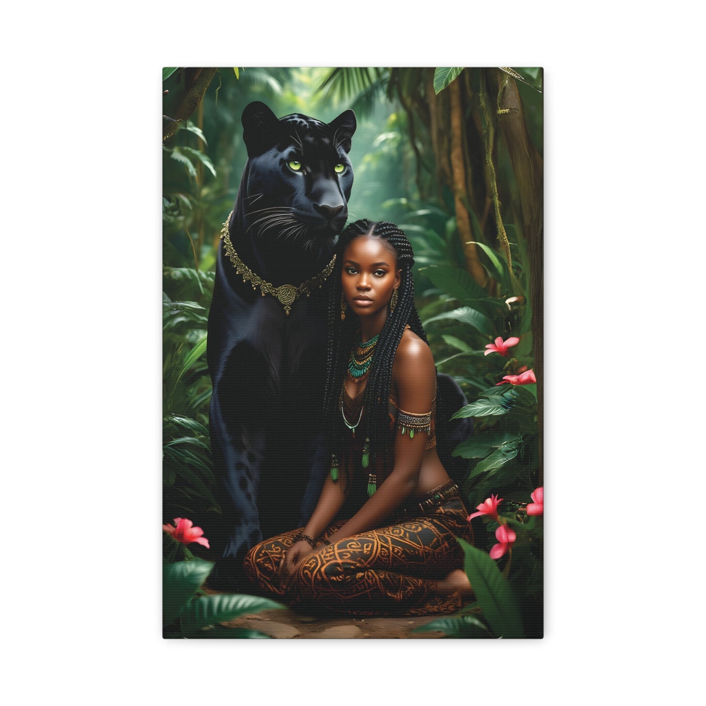 Exotic Jungle Canvas Art Print, Black Panther and Woman Wall Decor, Nature Lover Gift, Bohemian Home Art, Tropical Vibe Decoration, Afro Art