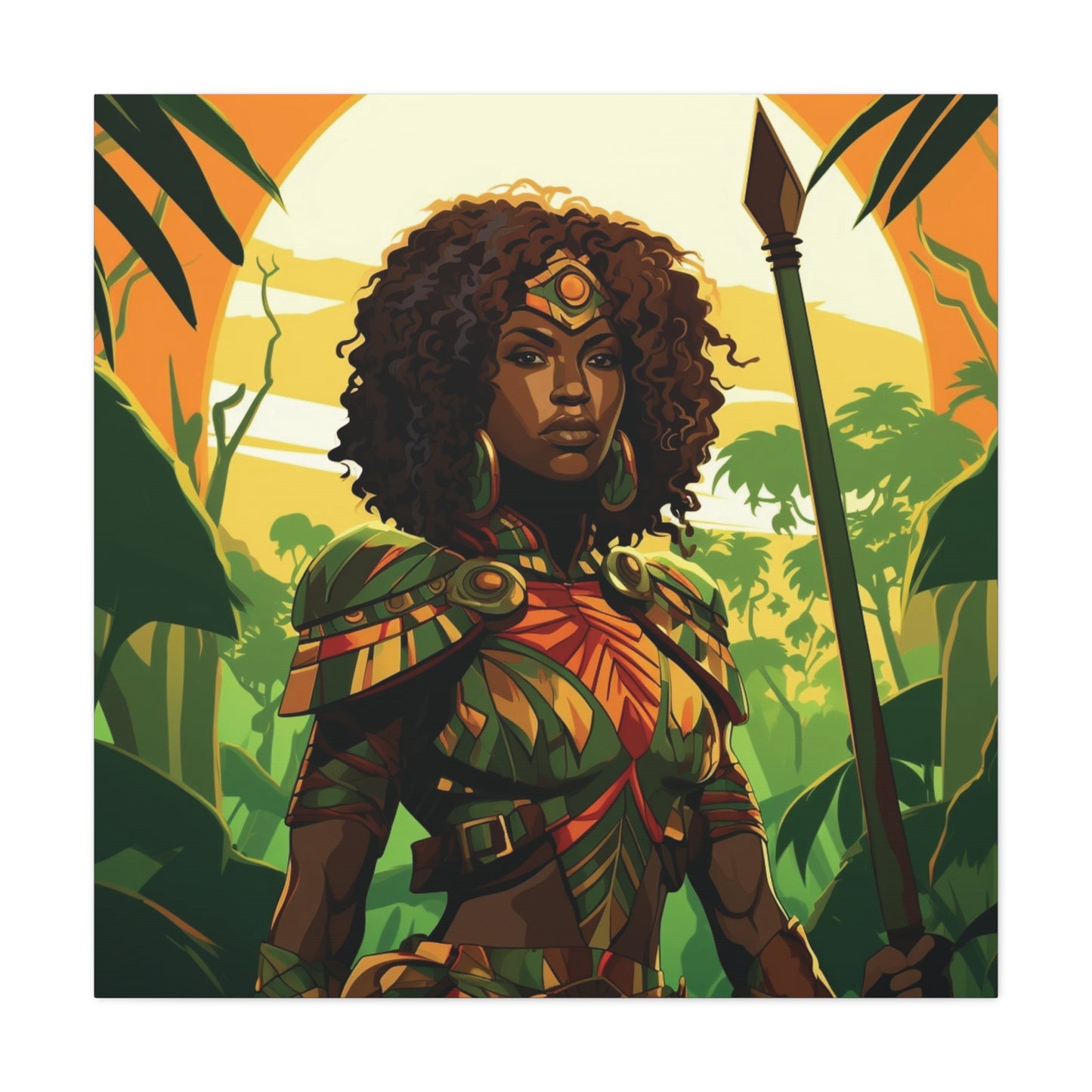 Jungle Warrior Queen Wall Art – Afrocentric Strength & Beauty Canvas Print | Jungle Wall Decor, Ethnic Artwork, Home Gallery, Gift for Art Lovers, Boho Decor