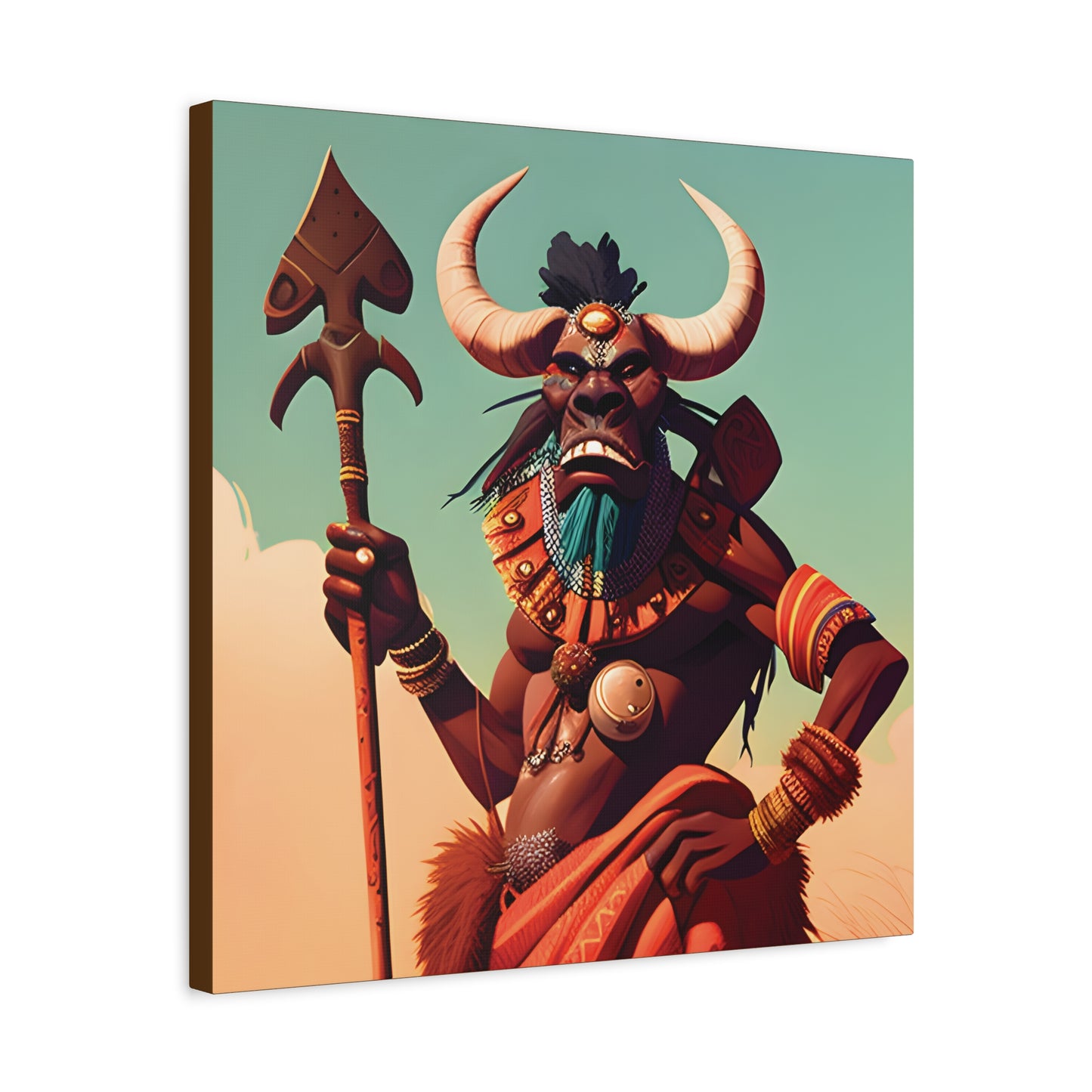Bold African Tribal Warrior Canvas Art Print, Tribal Wall Decor, Cultural Artwork, Boho Home Decor, Unique Gifts for Him,Warrior Bull Spirit Art