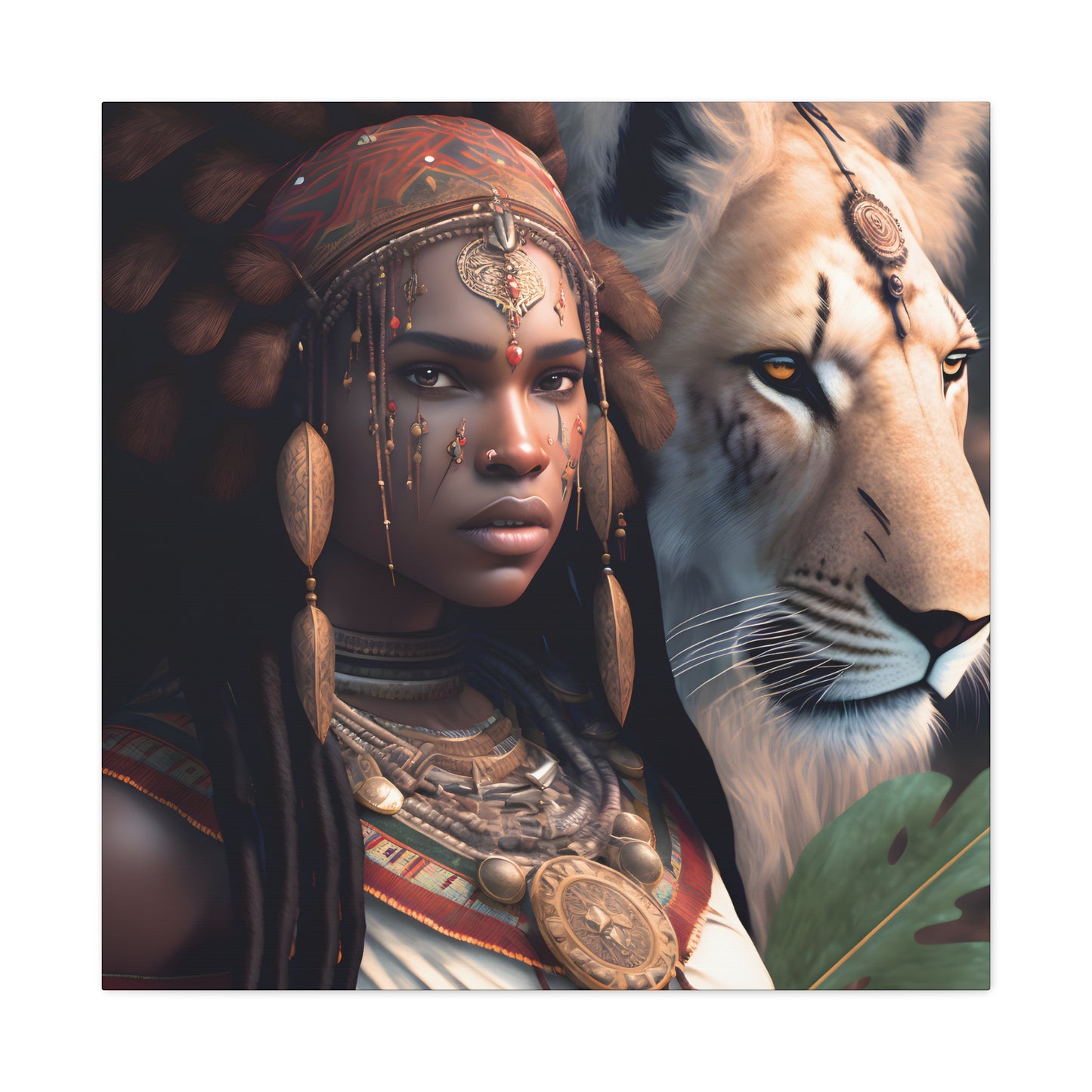 African Tribal Queen and White Lion Canvas – Regal Afrocentric Canvas Art Print, Bohemian Decor, Unique Wall Art, Tribal Home Decoration, Lion and Woman Artwork, Gift for Nature Lovers