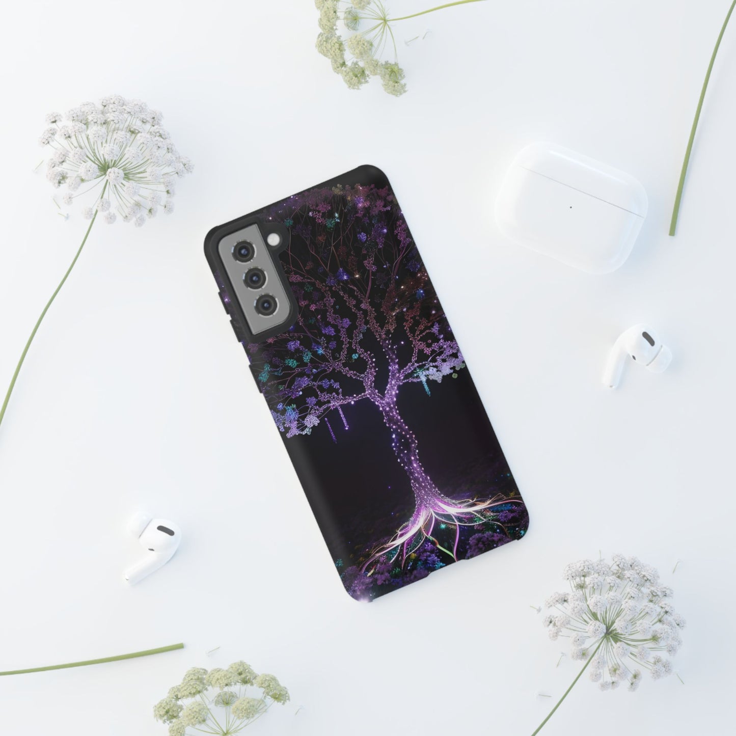Dark Purple Tree Phone Case – Luminous Nature Art, Mystical Night Design Protective Cove