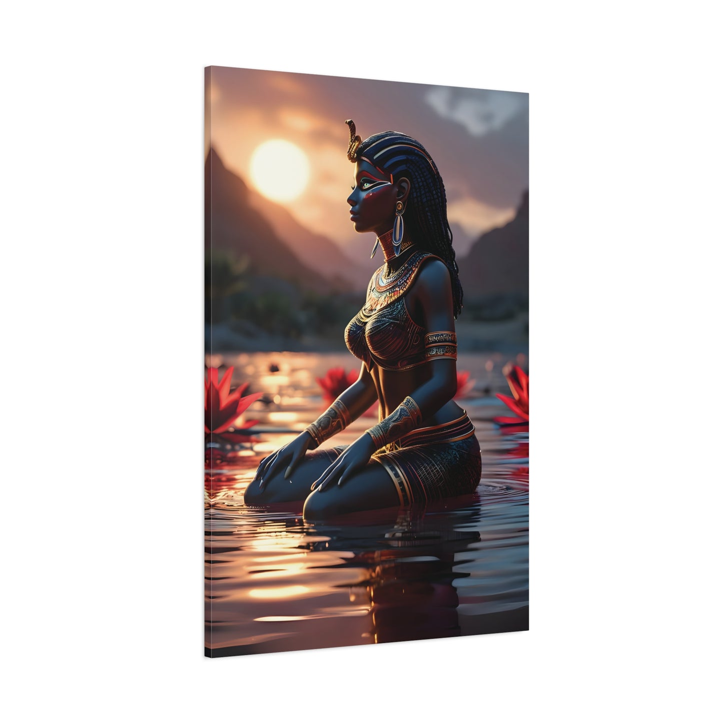 African Goddess Wall Art – Black Queen in Water at Sunset | Afrocentric Spiritual Decor, Unique Gift for Her, Yoga Studio Decor, Inspirational Decor