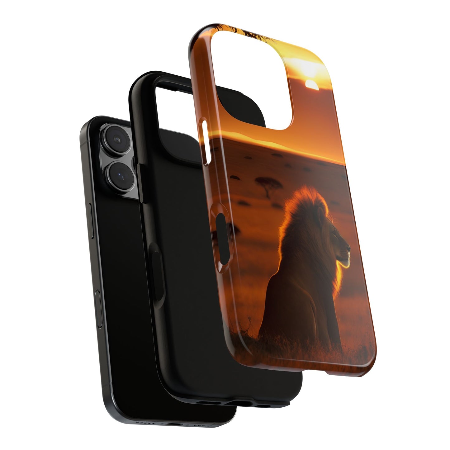 Lion Sunset Phone Case – Majestic Wildlife Art with Tree Silhouette, Safari-Inspired Protective Cover