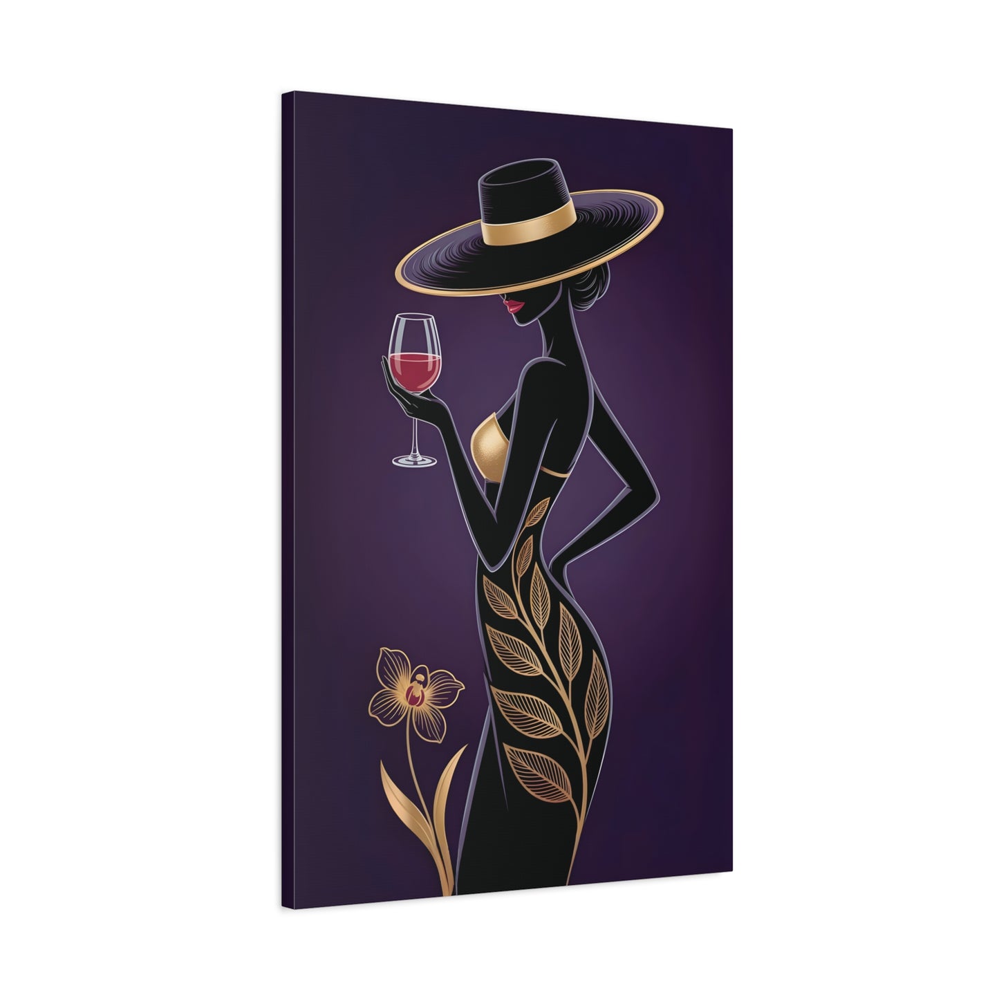 Elegant Afro Woman Canvas Wall Art – Black & Gold Fashion Lady with Wine Glass, Stylish Wall Art, Modern Home, Gift for Hostess, Fashionable Wall Decor