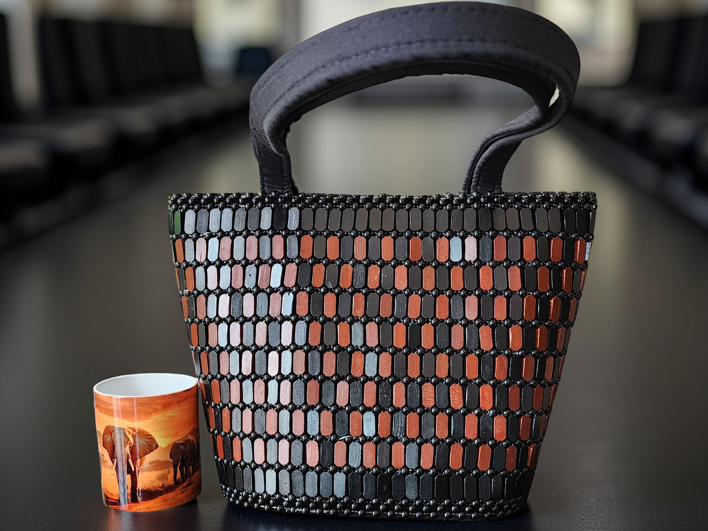 Handmade Beaded Shoulder Tote Bag – Black, Brown & Copper African-Inspired Design