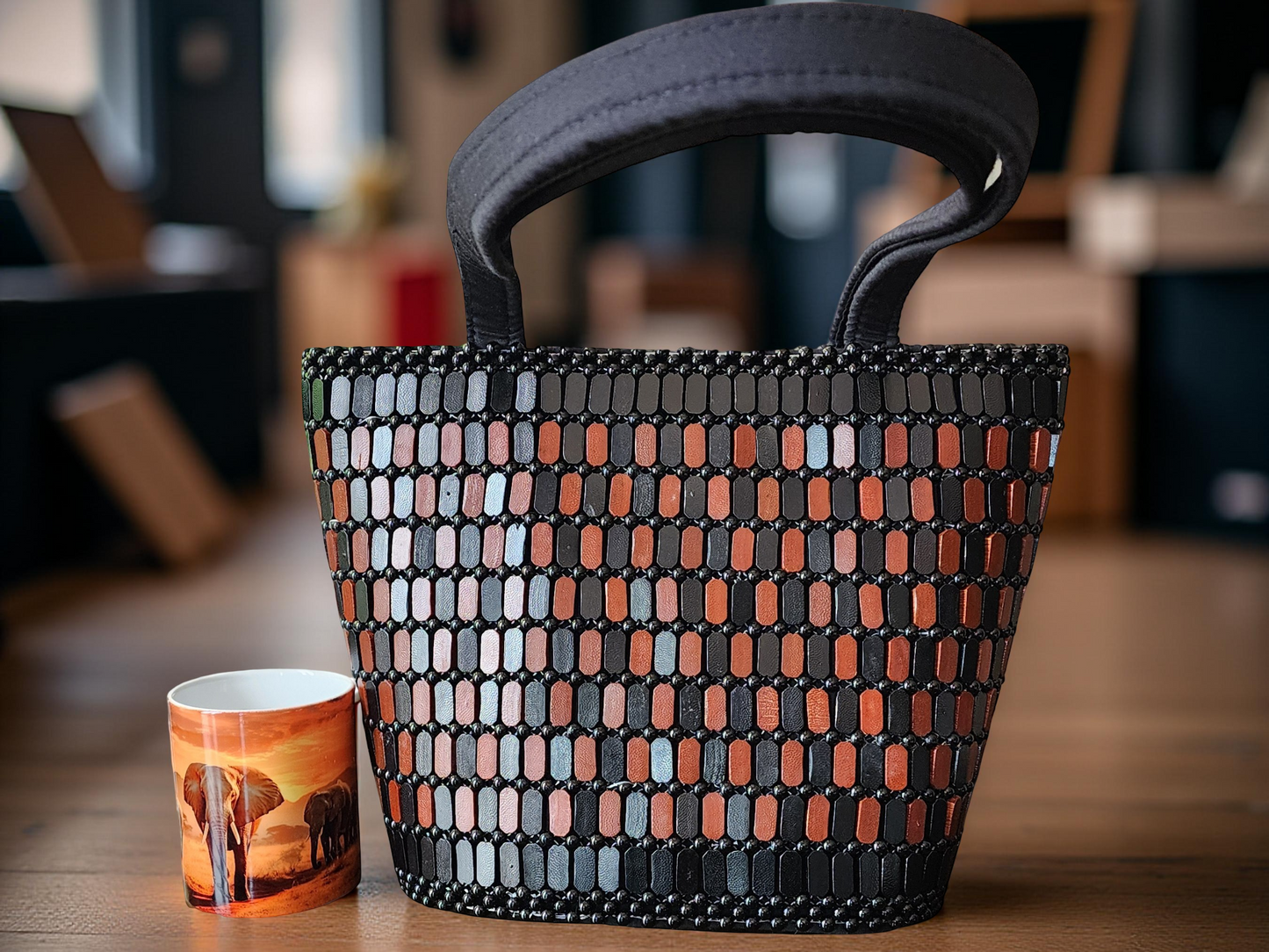 Handmade Beaded Shoulder Tote Bag – Black, Brown & Copper African-Inspired Design