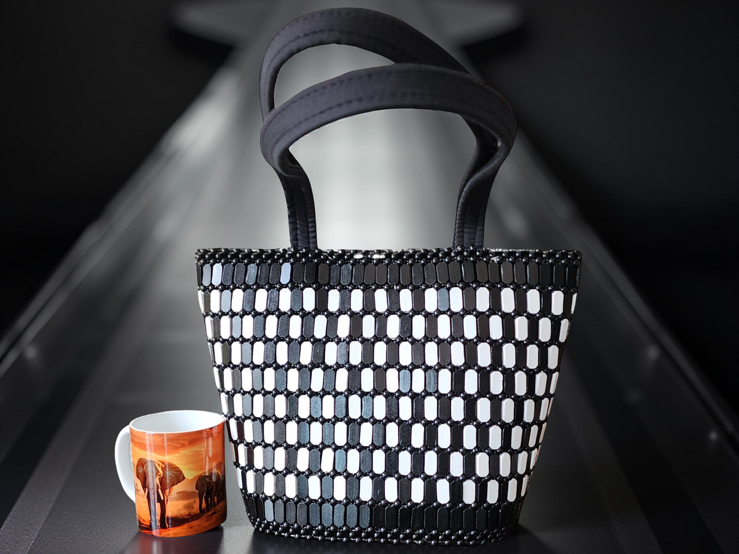 Handmade Black & White Beaded Tote Bag – African-Inspired Woven Shoulder Purse for Women