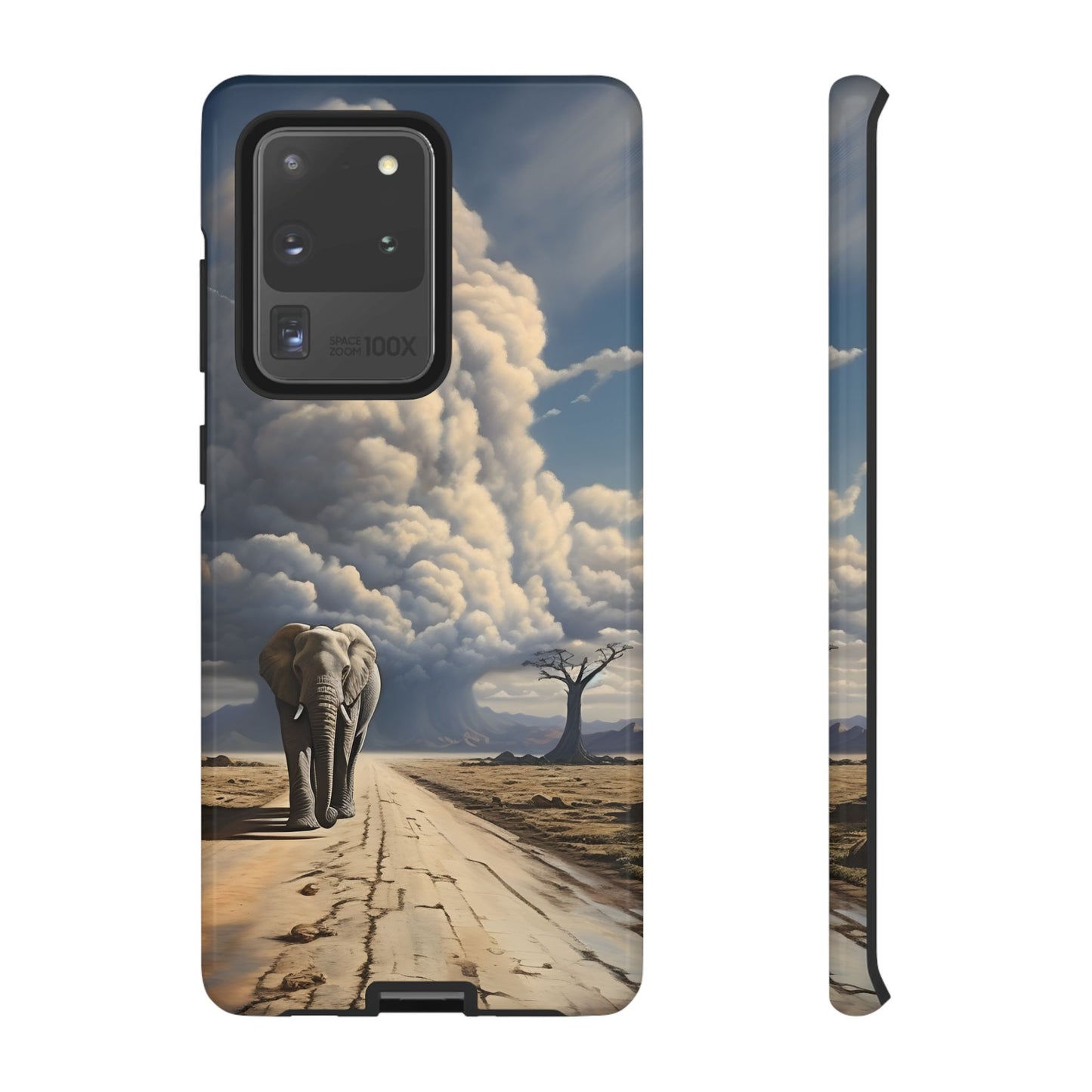 Elephant on Old Road Phone Case – Majestic Wildlife Art with Dramatic Cloud, Nature-Inspired Protective Cover