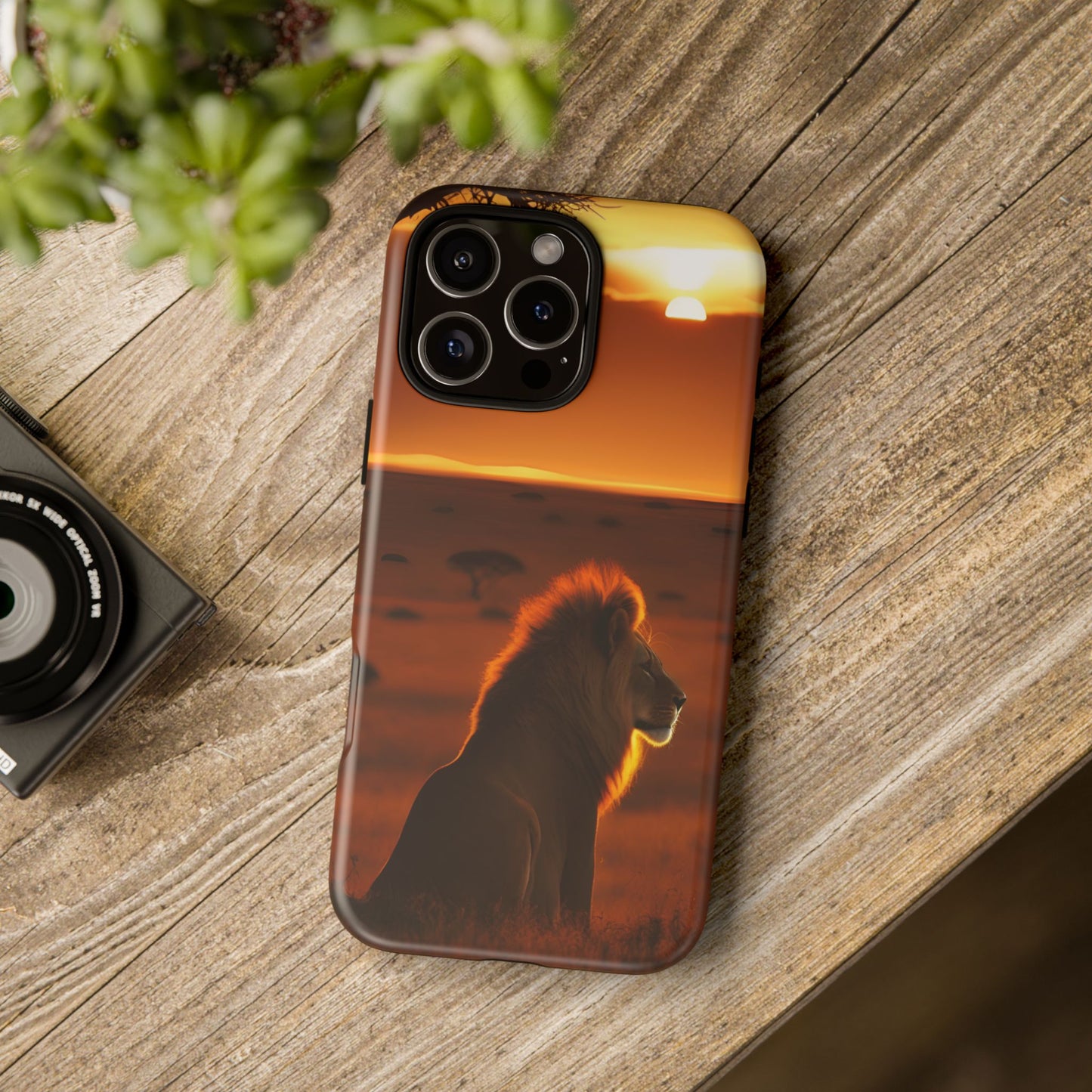 Lion Sunset Phone Case – Majestic Wildlife Art with Tree Silhouette, Safari-Inspired Protective Cover