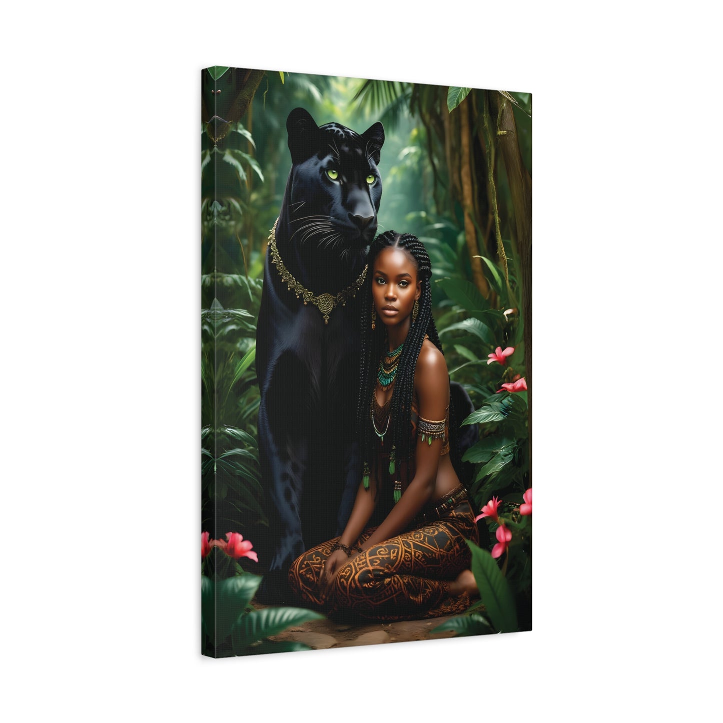 Exotic Jungle Canvas Art Print, Black Panther and Woman Wall Decor, Nature Lover Gift, Bohemian Home Art, Tropical Vibe Decoration, Afro Art