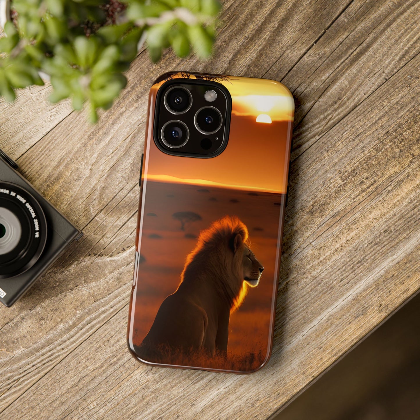 Lion Sunset Phone Case – Majestic Wildlife Art with Tree Silhouette, Safari-Inspired Protective Cover