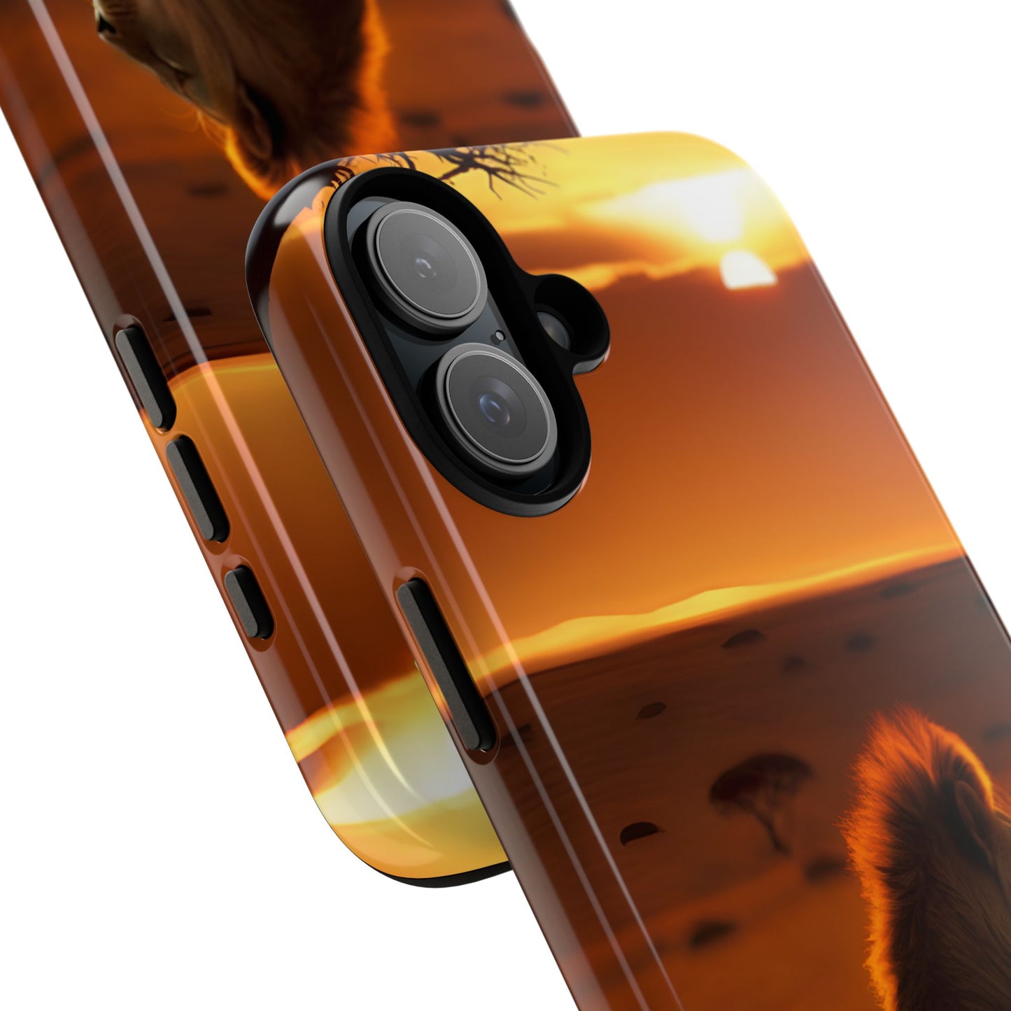 Lion Sunset Phone Case – Majestic Wildlife Art with Tree Silhouette, Safari-Inspired Protective Cover