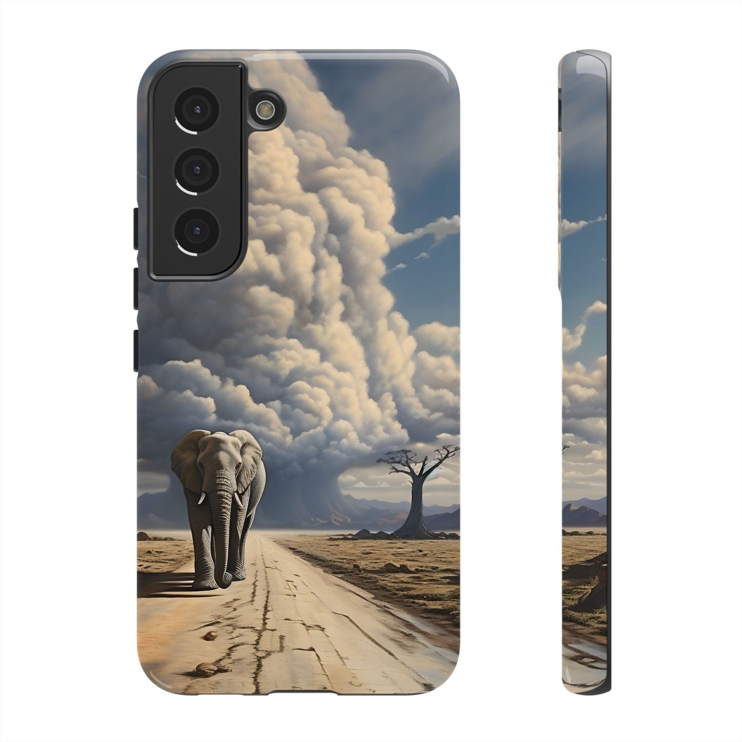 Elephant on Old Road Phone Case – Majestic Wildlife Art with Dramatic Cloud, Nature-Inspired Protective Cover