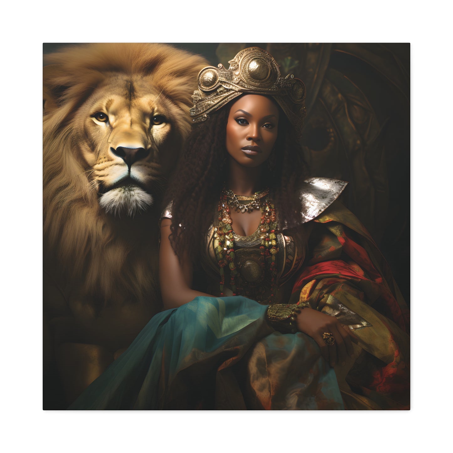 African Queen and Lion Royal Portrait – Regal Afrocentric Wall Art Print, Home Decor, Gift for Animal Lovers, Royalty Theme, Artful Decor