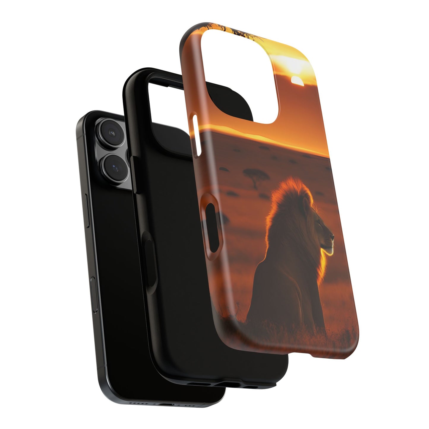 Lion Sunset Phone Case – Majestic Wildlife Art with Tree Silhouette, Safari-Inspired Protective Cover