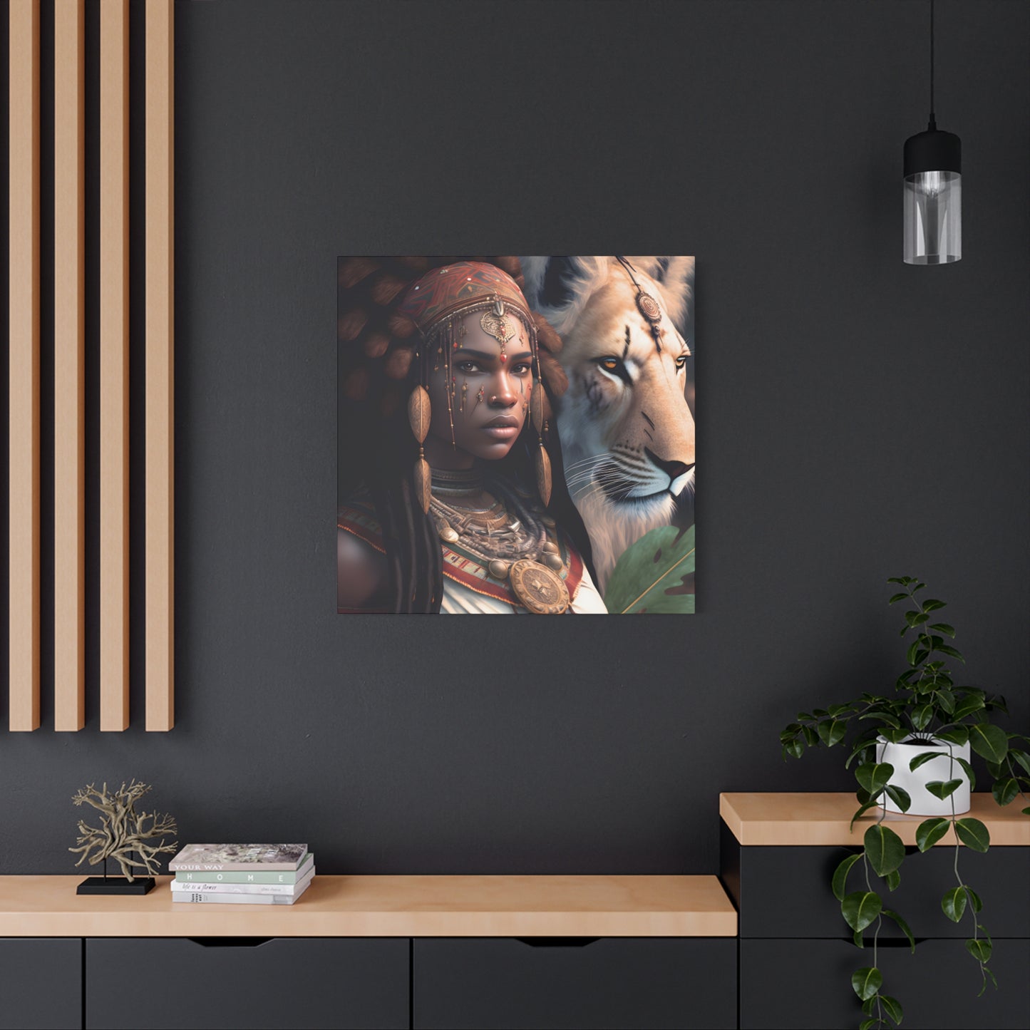 African Tribal Queen and White Lion Canvas – Regal Afrocentric Canvas Art Print, Bohemian Decor, Unique Wall Art, Tribal Home Decoration, Lion and Woman Artwork, Gift for Nature Lovers