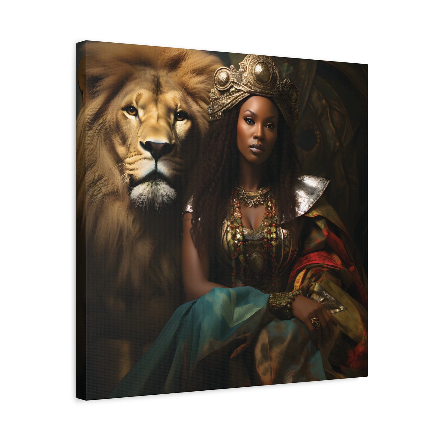 African Queen and Lion Royal Portrait – Regal Afrocentric Wall Art Print, Home Decor, Gift for Animal Lovers, Royalty Theme, Artful Decor