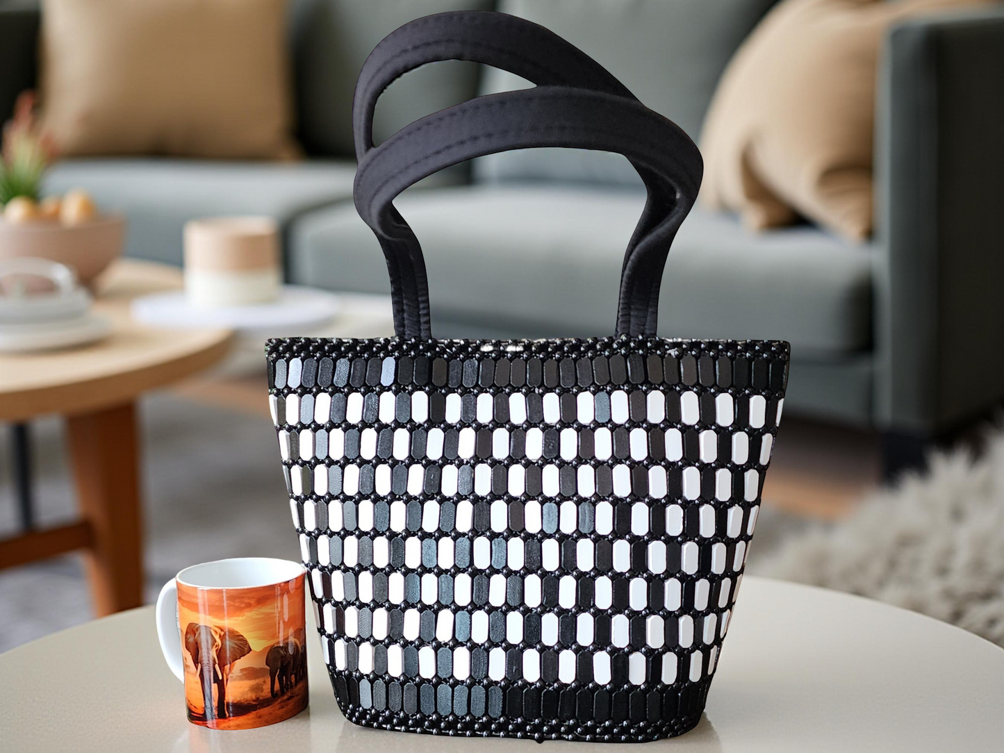 Handmade Black & White Beaded Tote Bag – African-Inspired Woven Shoulder Purse for Women