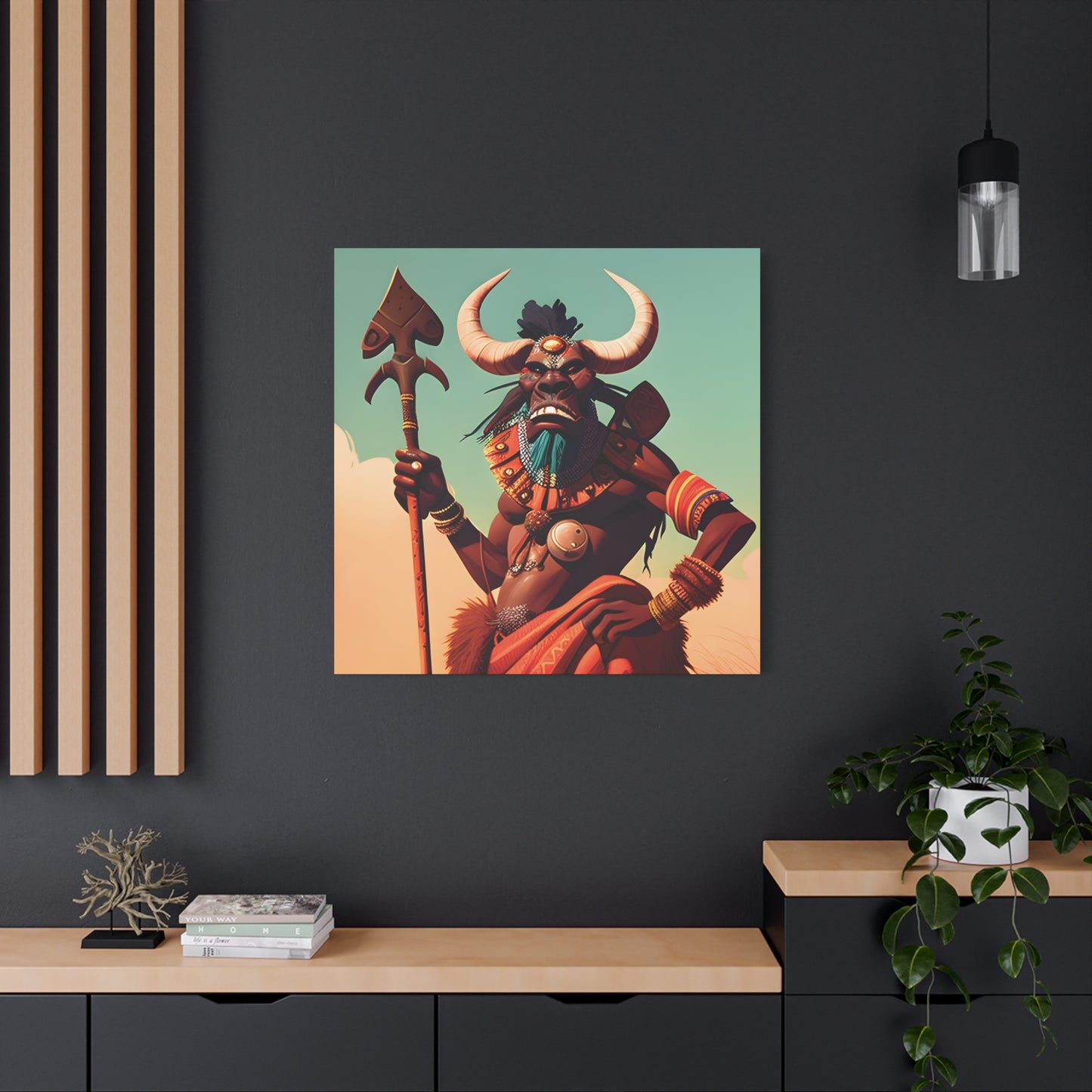 Bold African Tribal Warrior Canvas Art Print, Tribal Wall Decor, Cultural Artwork, Boho Home Decor, Unique Gifts for Him,Warrior Bull Spirit Art