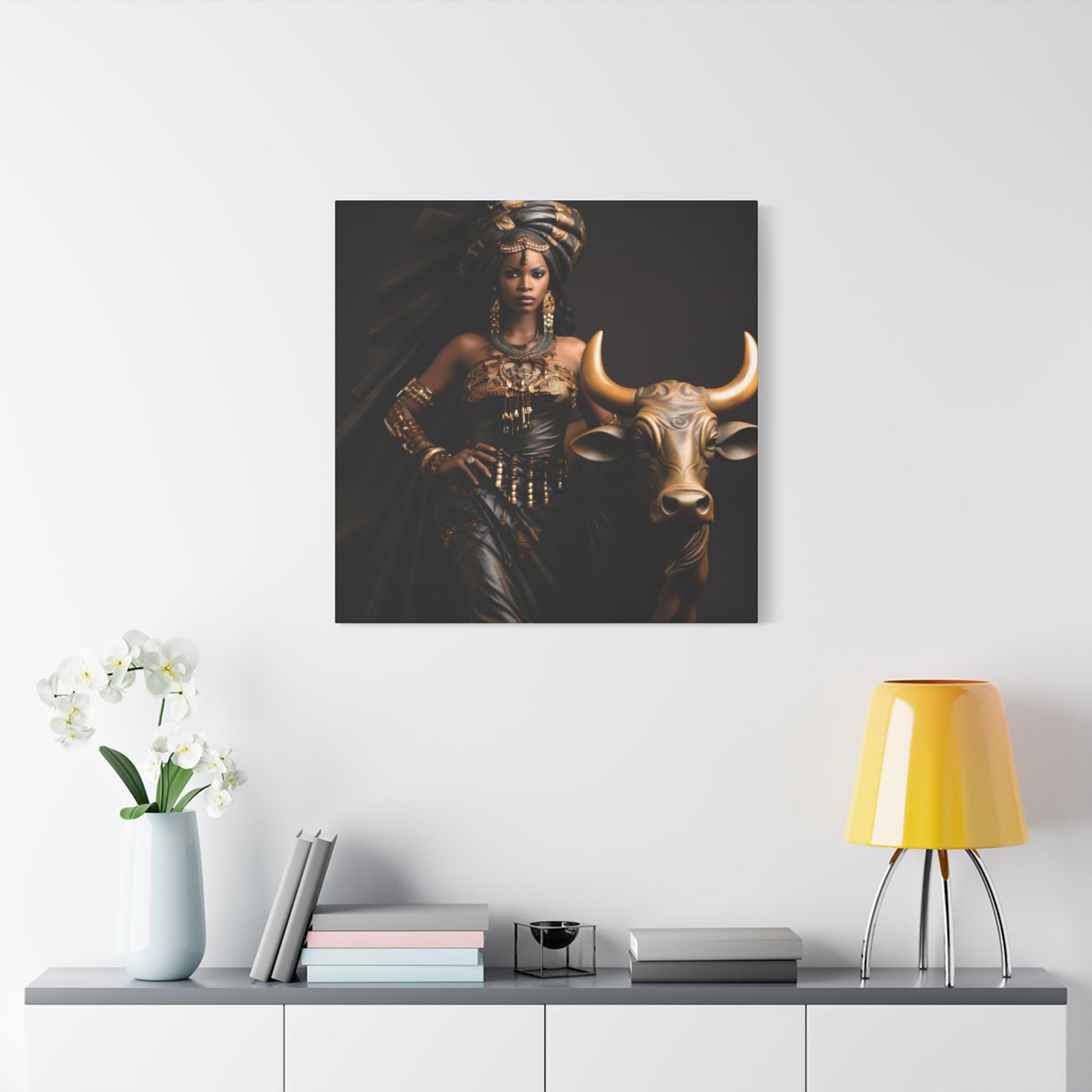 Golden African Queen with Bull – Regal Black Art Canvas for Empowered Spaces, Wall Decor, Home Decoration, Cultural Gift, Unique Artwork, Living Room Art