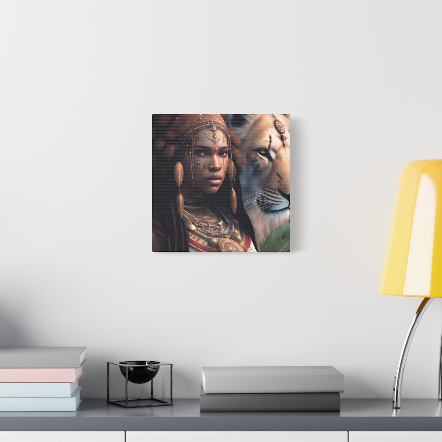 African Tribal Queen and White Lion Canvas – Regal Afrocentric Canvas Art Print, Bohemian Decor, Unique Wall Art, Tribal Home Decoration, Lion and Woman Artwork, Gift for Nature Lovers