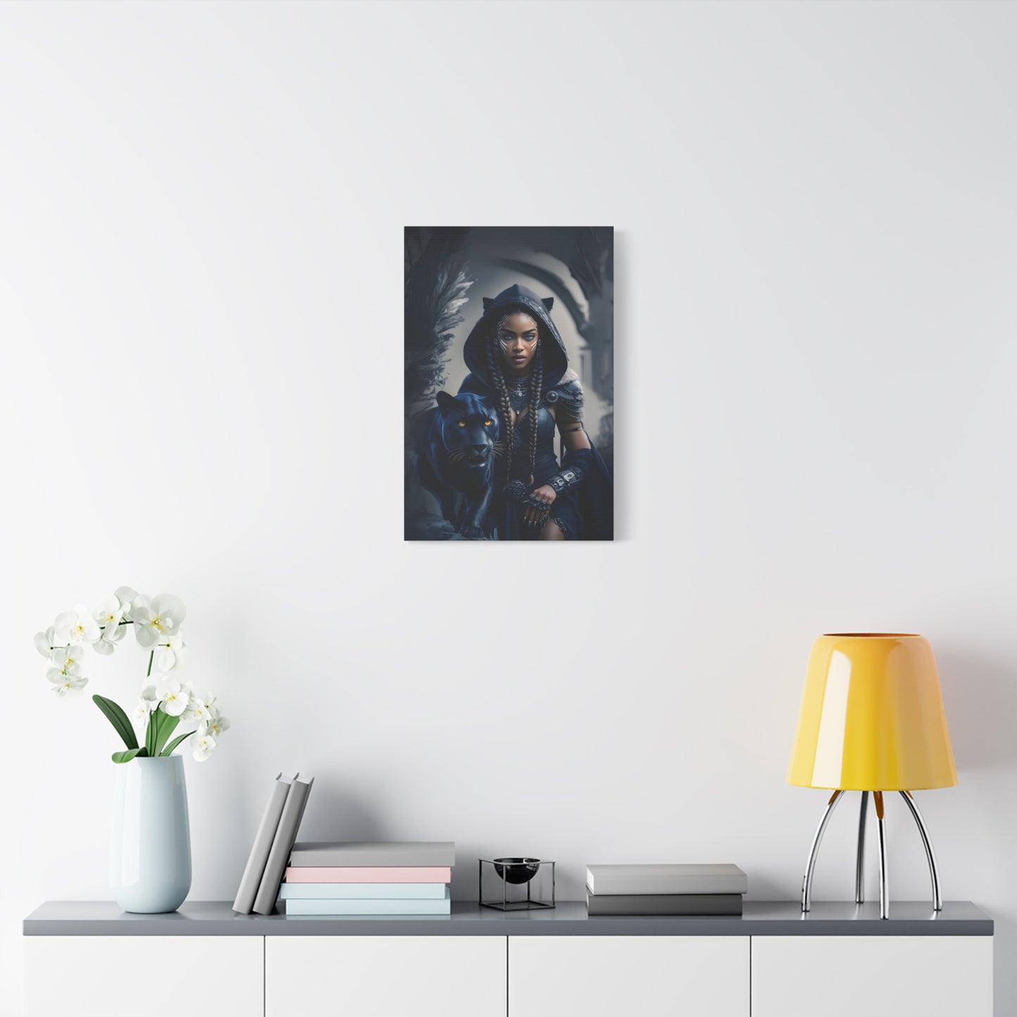 Fantasy Canvas Wall Art - Warrior with Panther, Home Decor, Black Art Print, Gift for Her, Boho Wall Hanging, Magical Room Decor, Afro