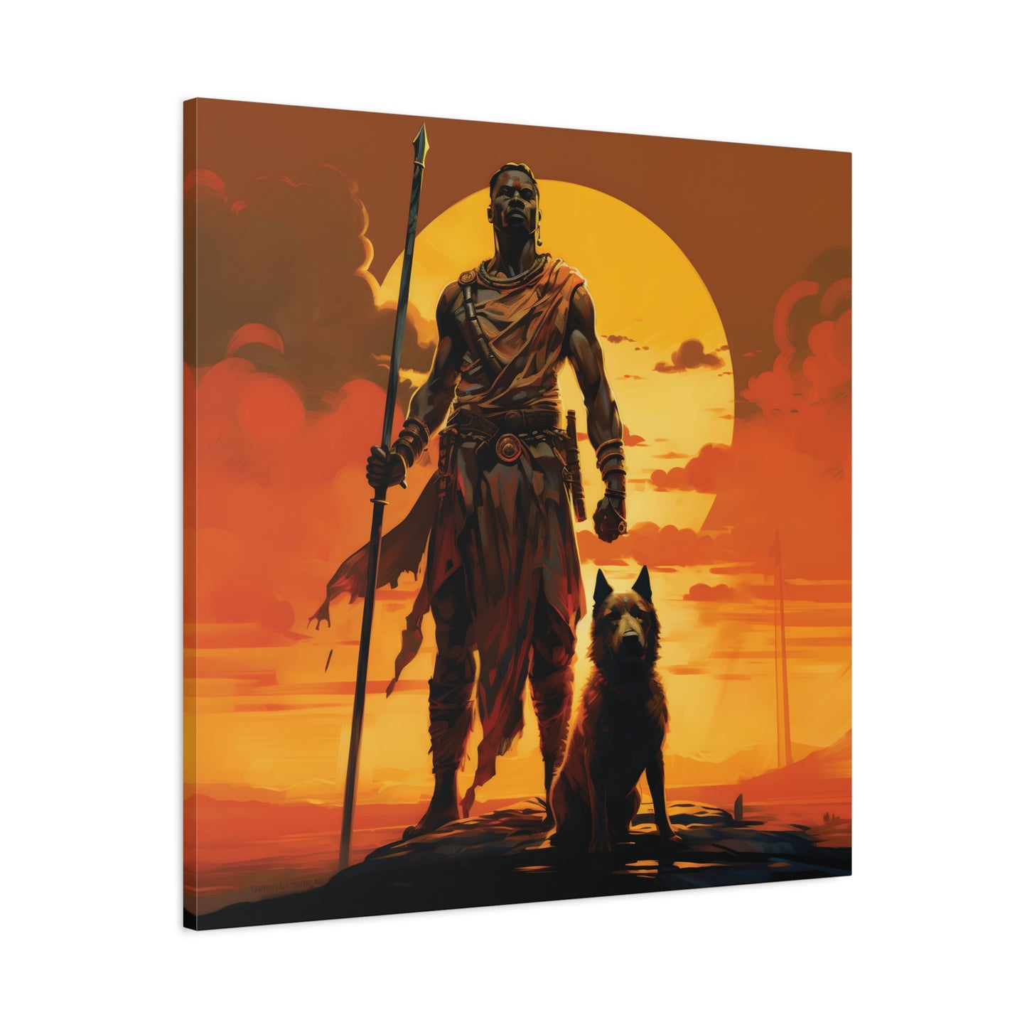 African Warrior and Guardian Dog Canvas artwork Print – Epic Sunset Wall Art for Bold Spaces, Wall Art, Home Decor, Unique Gift, Nature Inspired, Adventure Wall Hanging, Inspirational Art