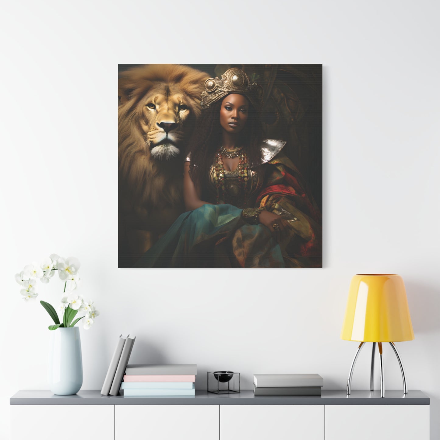 African Queen and Lion Royal Portrait – Regal Afrocentric Wall Art Print, Home Decor, Gift for Animal Lovers, Royalty Theme, Artful Decor