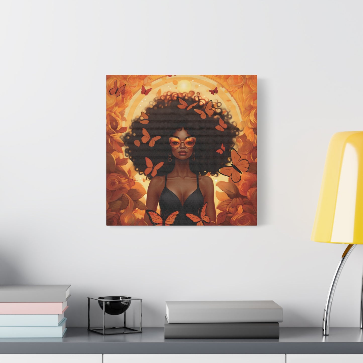 Vibrant Afro Woman Canvas Art, Boho Wall Decor, Unique Gift for Home, Butterfly and Flower Print, Black Art for All Occasions