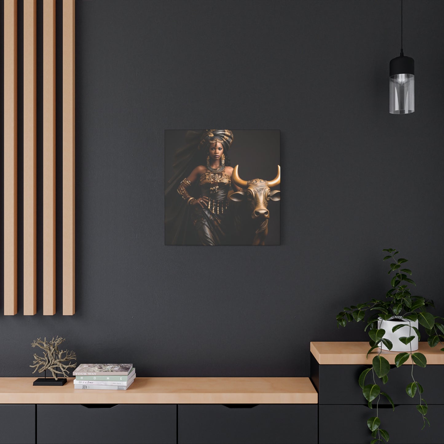 Golden African Queen with Bull – Regal Black Art Canvas for Empowered Spaces, Wall Decor, Home Decoration, Cultural Gift, Unique Artwork, Living Room Art