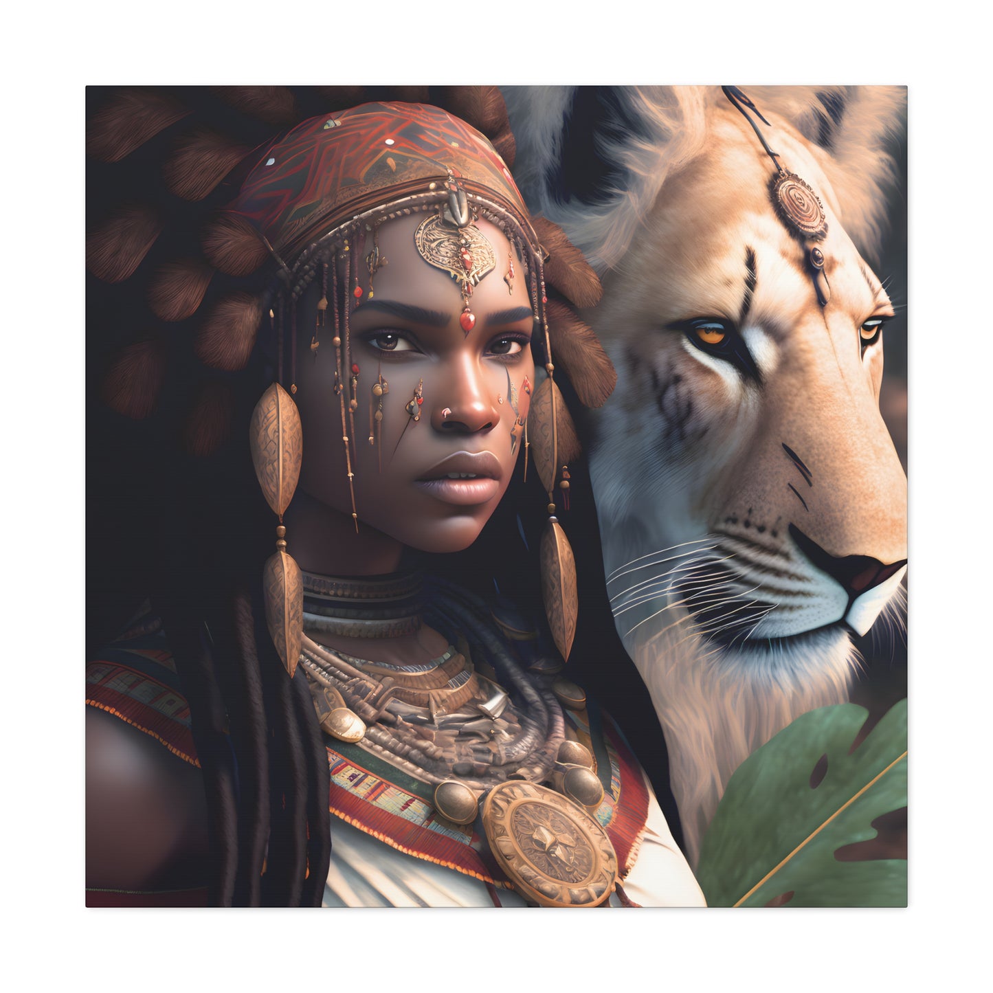 African Tribal Queen and White Lion Canvas – Regal Afrocentric Canvas Art Print, Bohemian Decor, Unique Wall Art, Tribal Home Decoration, Lion and Woman Artwork, Gift for Nature Lovers