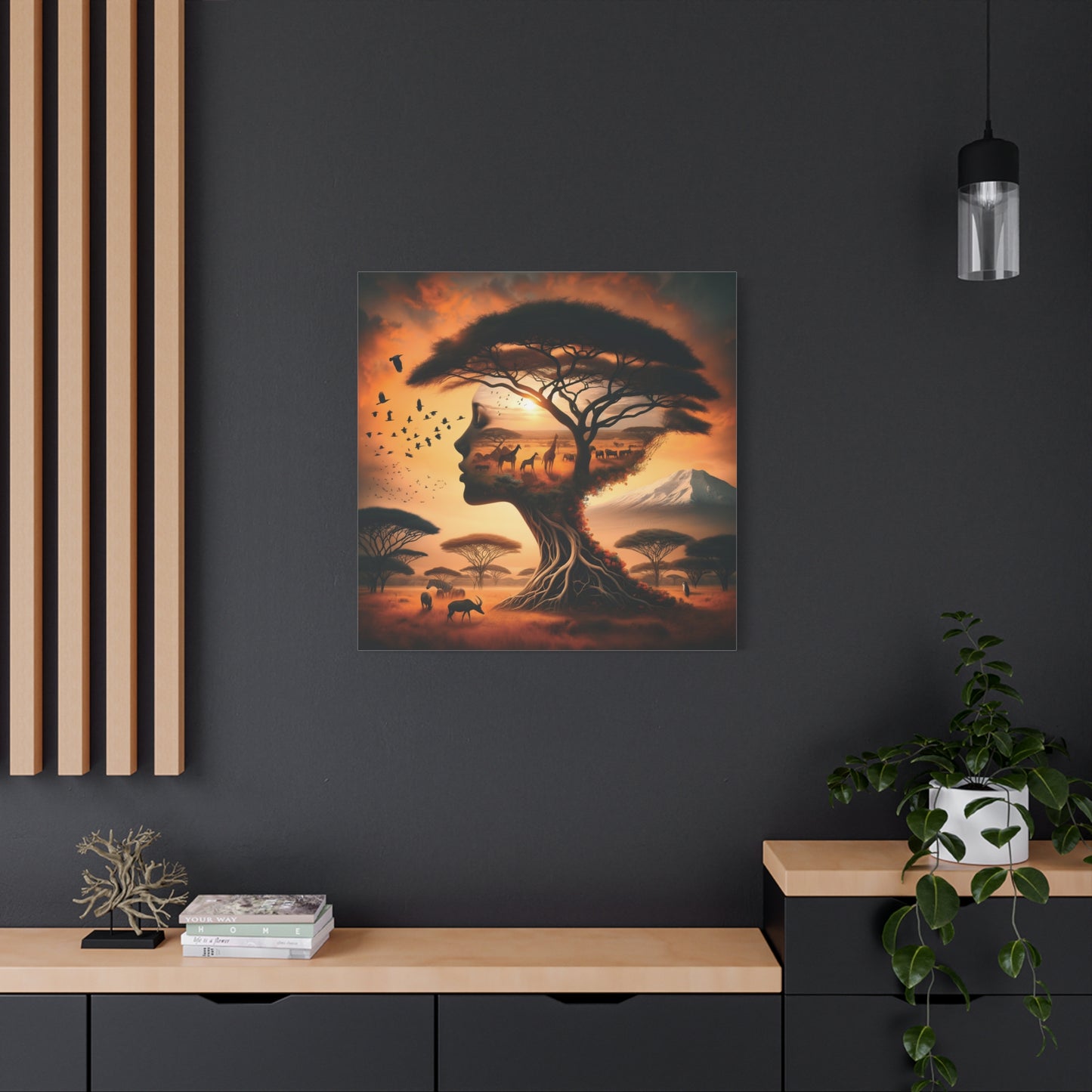 Mother Africa Silhouette Tree Art – Afrocentric Safari Wall Print with Wildlife & Mountain Scene - Dreamy Wall Decor for Nature Lovers, Wildlife Artwork,