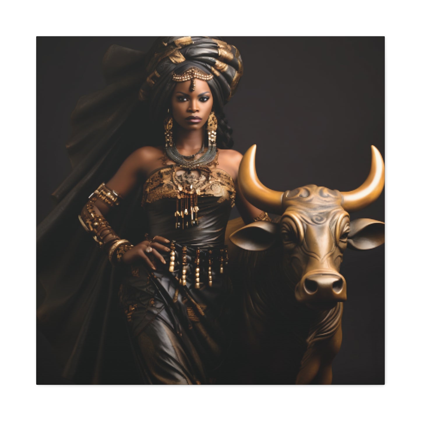 Golden African Queen with Bull – Regal Black Art Canvas for Empowered Spaces, Wall Decor, Home Decoration, Cultural Gift, Unique Artwork, Living Room Art