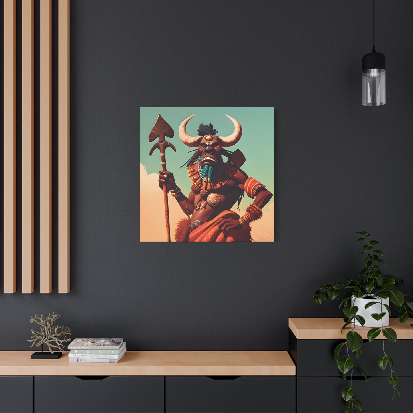 Bold African Tribal Warrior Canvas Art Print, Tribal Wall Decor, Cultural Artwork, Boho Home Decor, Unique Gifts for Him,Warrior Bull Spirit Art