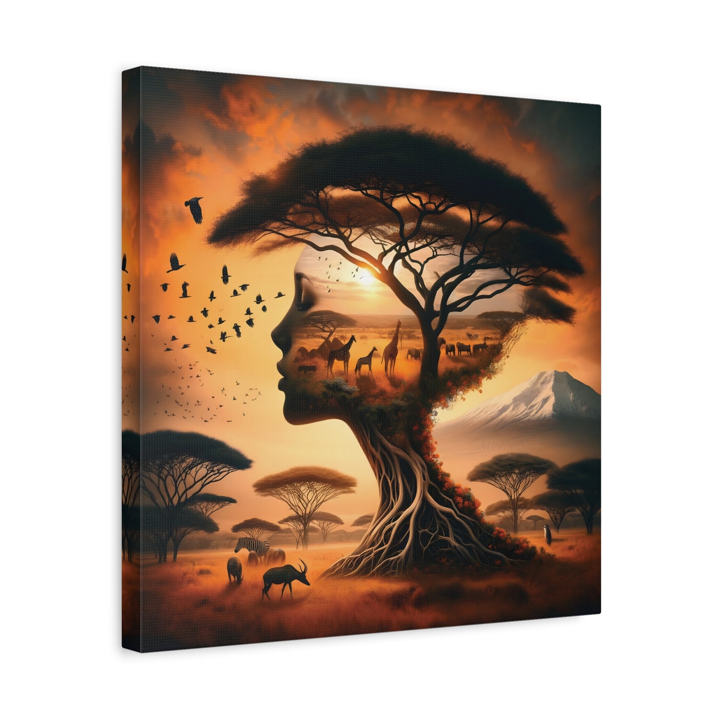 Mother Africa Silhouette Tree Art – Afrocentric Safari Wall Print with Wildlife & Mountain Scene - Dreamy Wall Decor for Nature Lovers, Wildlife Artwork,