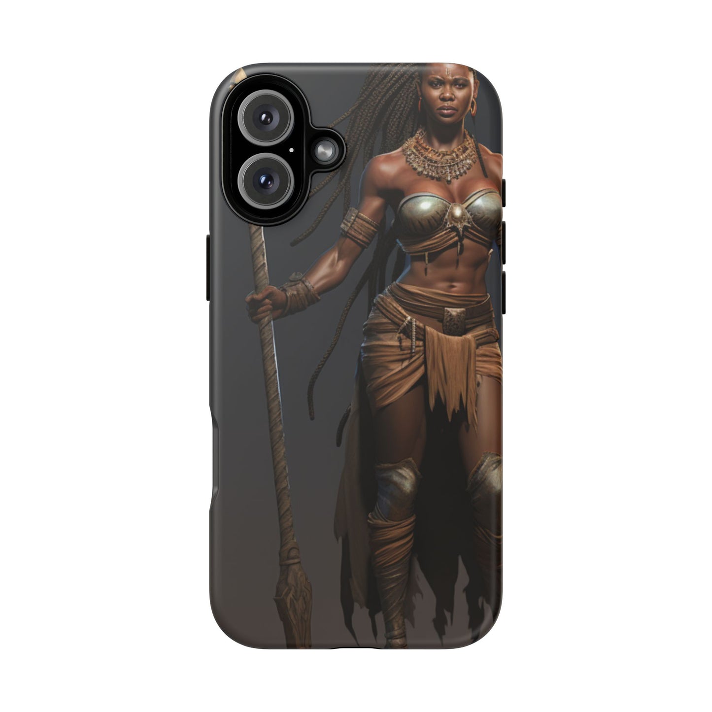 African Female Warrior Phone Case – Powerful Spear-Wielding Tribal Art Design, Bold Protective Cover