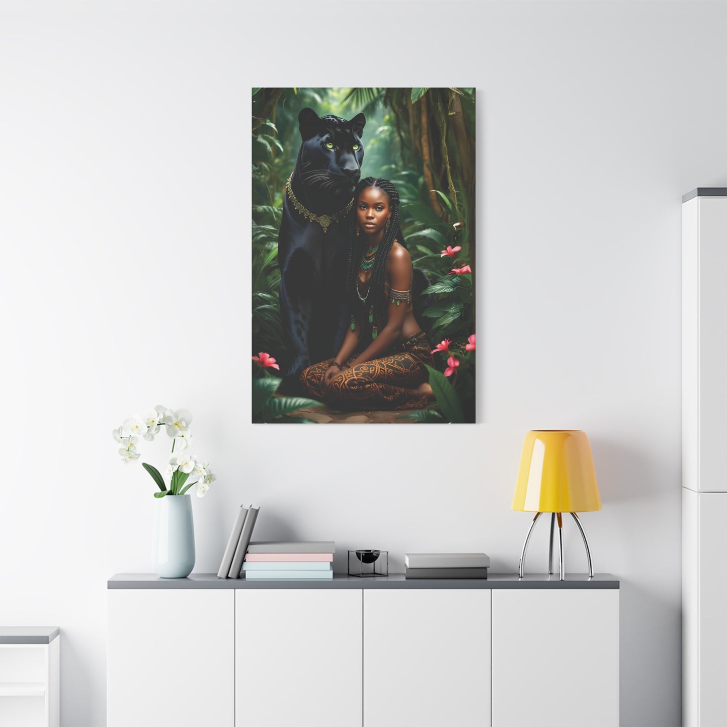 Exotic Jungle Canvas Art Print, Black Panther and Woman Wall Decor, Nature Lover Gift, Bohemian Home Art, Tropical Vibe Decoration, Afro Art