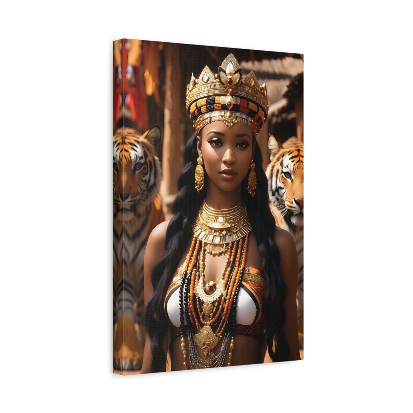 African Royal Queen with Tigers Wall Art – Tribal Crown & Golden Jewelry | Afrocentric Power Decor Bohemian Home Decor, Ethnic Artwork