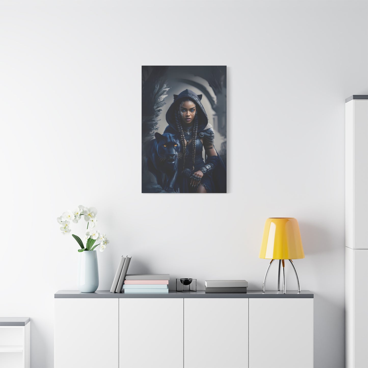 Fantasy Canvas Wall Art - Warrior with Panther, Home Decor, Black Art Print, Gift for Her, Boho Wall Hanging, Magical Room Decor, Afro