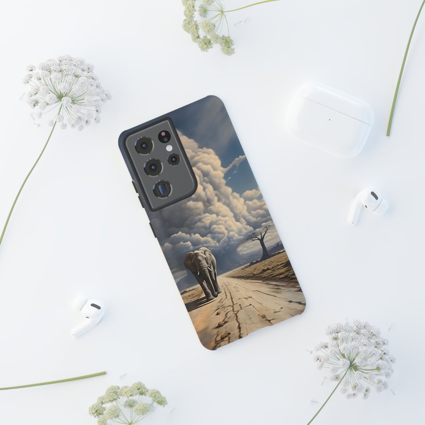 Elephant on Old Road Phone Case – Majestic Wildlife Art with Dramatic Cloud, Nature-Inspired Protective Cover
