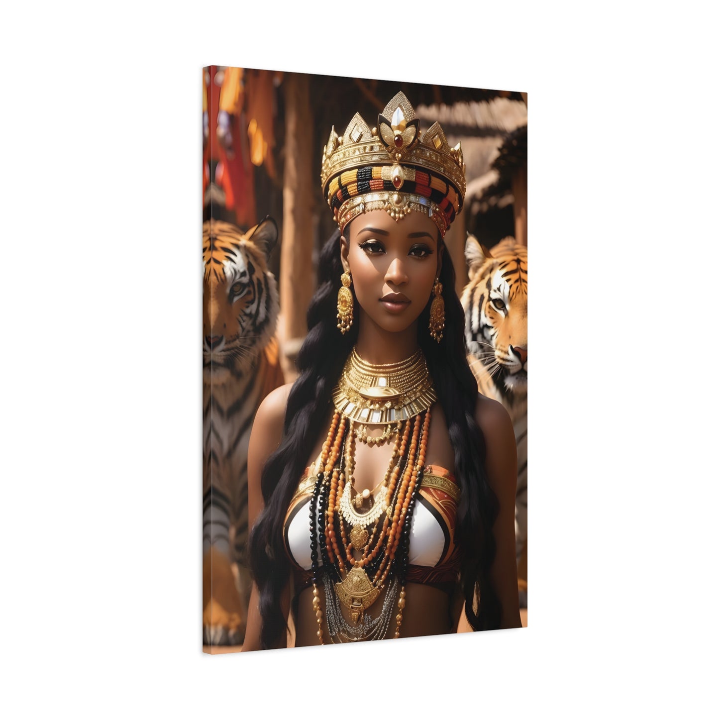 African Royal Queen with Tigers Wall Art – Tribal Crown & Golden Jewelry | Afrocentric Power Decor Bohemian Home Decor, Ethnic Artwork