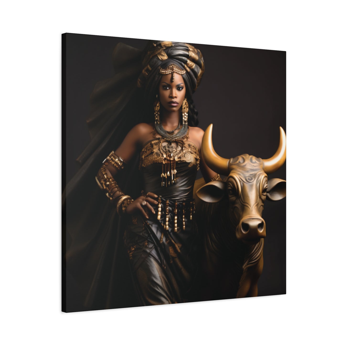 Golden African Queen with Bull – Regal Black Art Canvas for Empowered Spaces, Wall Decor, Home Decoration, Cultural Gift, Unique Artwork, Living Room Art
