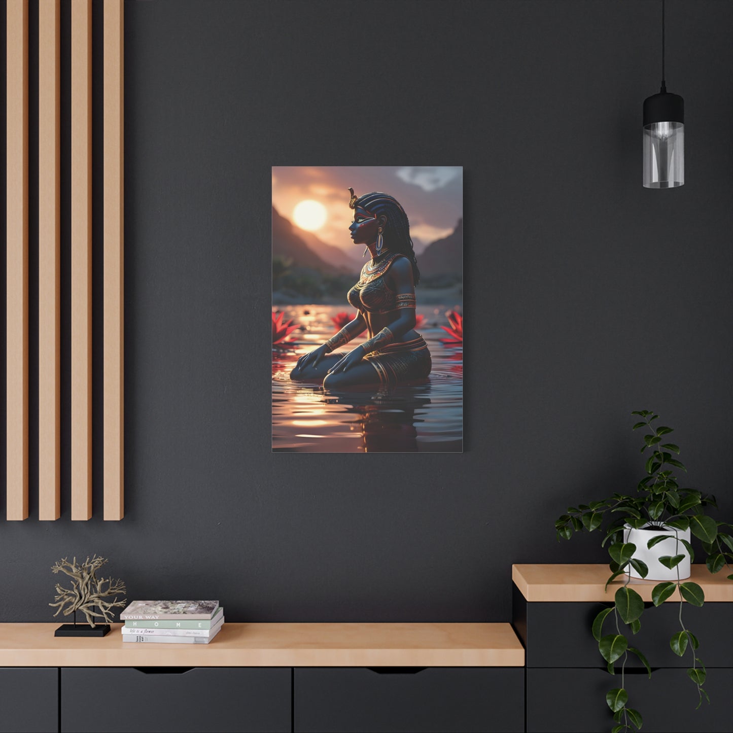 African Goddess Wall Art – Black Queen in Water at Sunset | Afrocentric Spiritual Decor, Unique Gift for Her, Yoga Studio Decor, Inspirational Decor