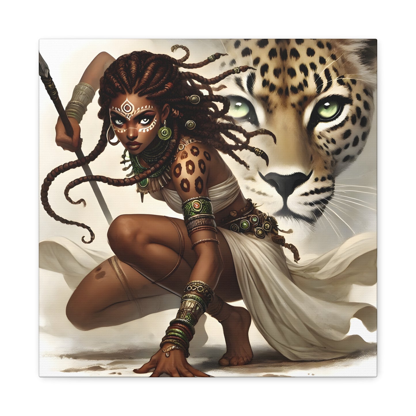 African Warrior Queen and Leopard Art – Empowering Canvas Wall Decor, Jungle Queen, Home Decor, African Art, Nature Inspired