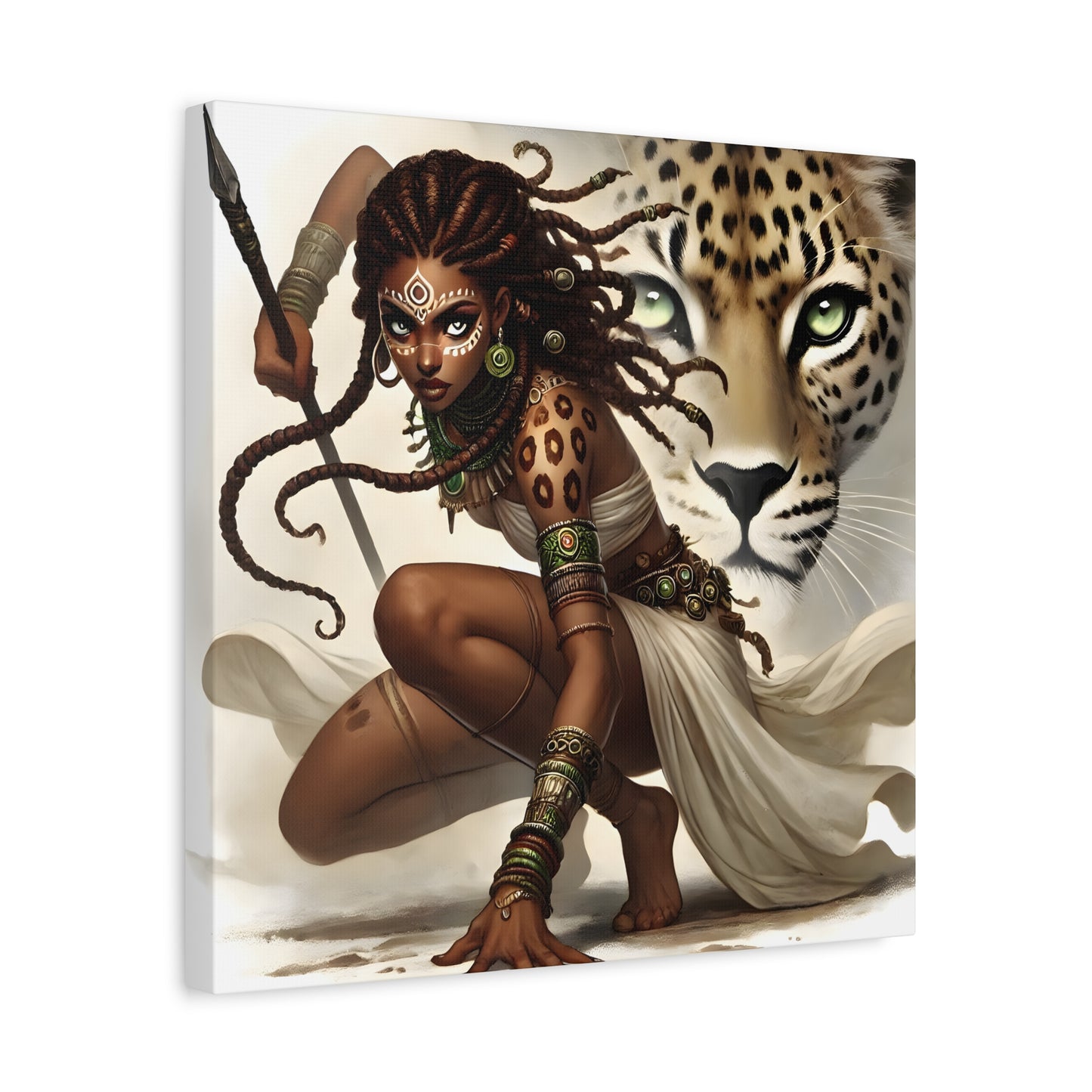 African Warrior Queen and Leopard Art – Empowering Canvas Wall Decor, Jungle Queen, Home Decor, African Art, Nature Inspired
