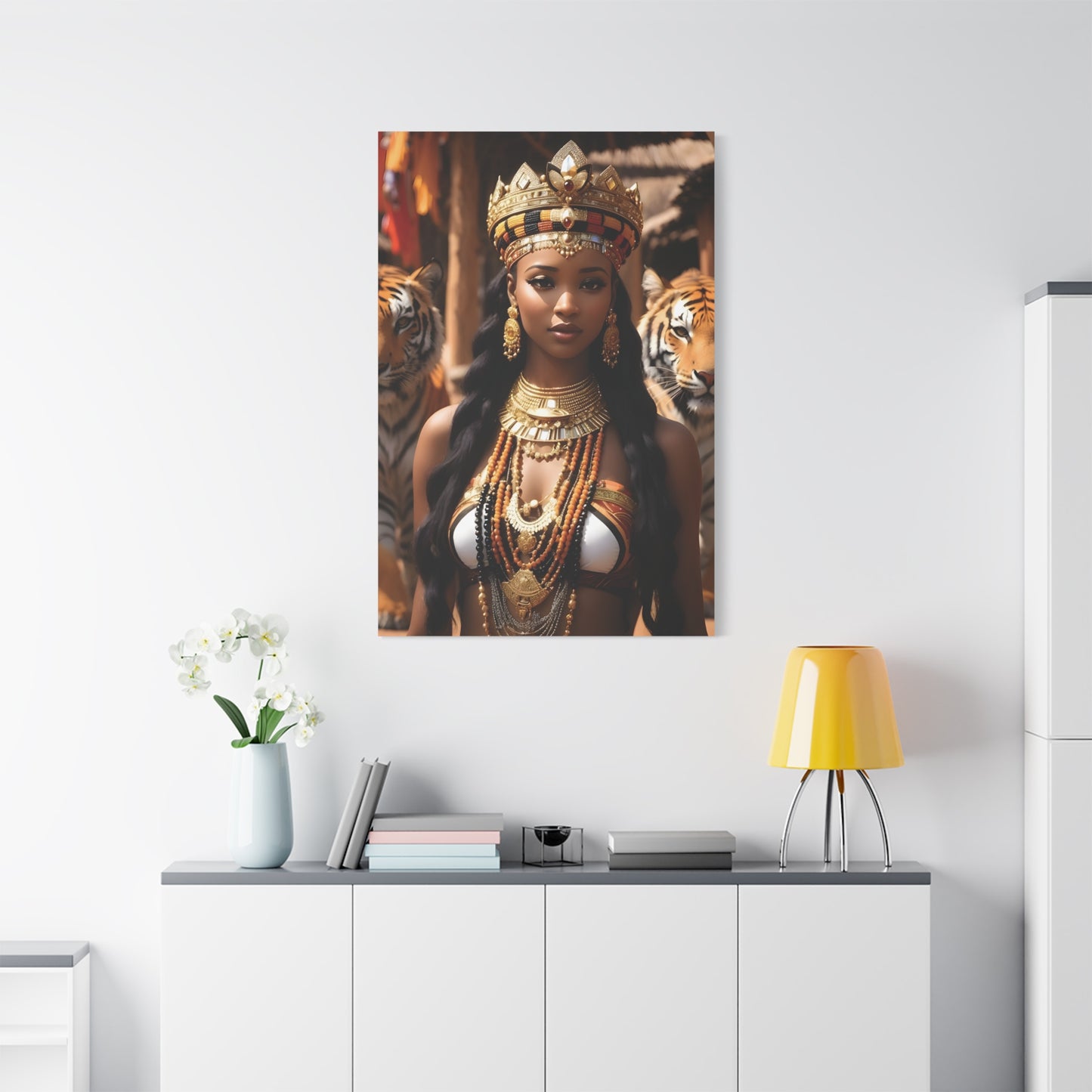 African Royal Queen with Tigers Wall Art – Tribal Crown & Golden Jewelry | Afrocentric Power Decor Bohemian Home Decor, Ethnic Artwork